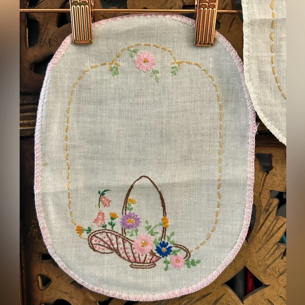 Vintage Pair of His and Hers Handmade Floral Embroidered Crocheted Hand Towels.